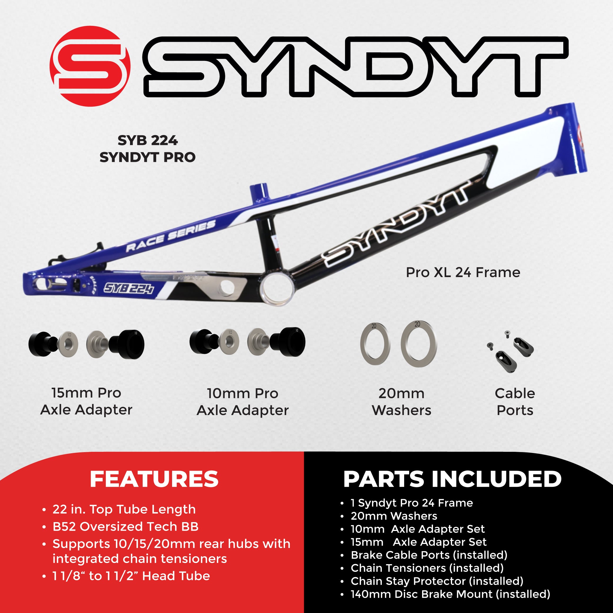 Syndyt 224 Pro XL 24 BMX Cruiser Bike Frame – 22” Top Tube, 6061-T6 Aluminum (4.30 lbs), Tapered 42/52 Head Tube, B52 Tech BB, 10/15/20mm Hubs, 140mm Disc Brake,  Chain Tensioners – Blue Bicycle Frame