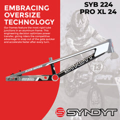Syndyt 224 Pro XL 24 BMX Cruiser Bike Frame – 22” Top Tube, 6061-T6 Aluminum (4.30 lbs), Tapered 42/52 Head Tube, B52 Tech BB, 10/15/20mm Hubs, 140mm Disc Brake,  Chain Tensioners – Gray Bicycle Frame