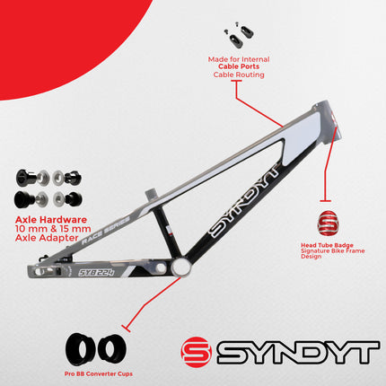 Syndyt 224 Pro XL 24 BMX Cruiser Bike Frame – 22” Top Tube, 6061-T6 Aluminum (4.30 lbs), Tapered 42/52 Head Tube, B52 Tech BB, 10/15/20mm Hubs, 140mm Disc Brake,  Chain Tensioners – Gray Bicycle Frame