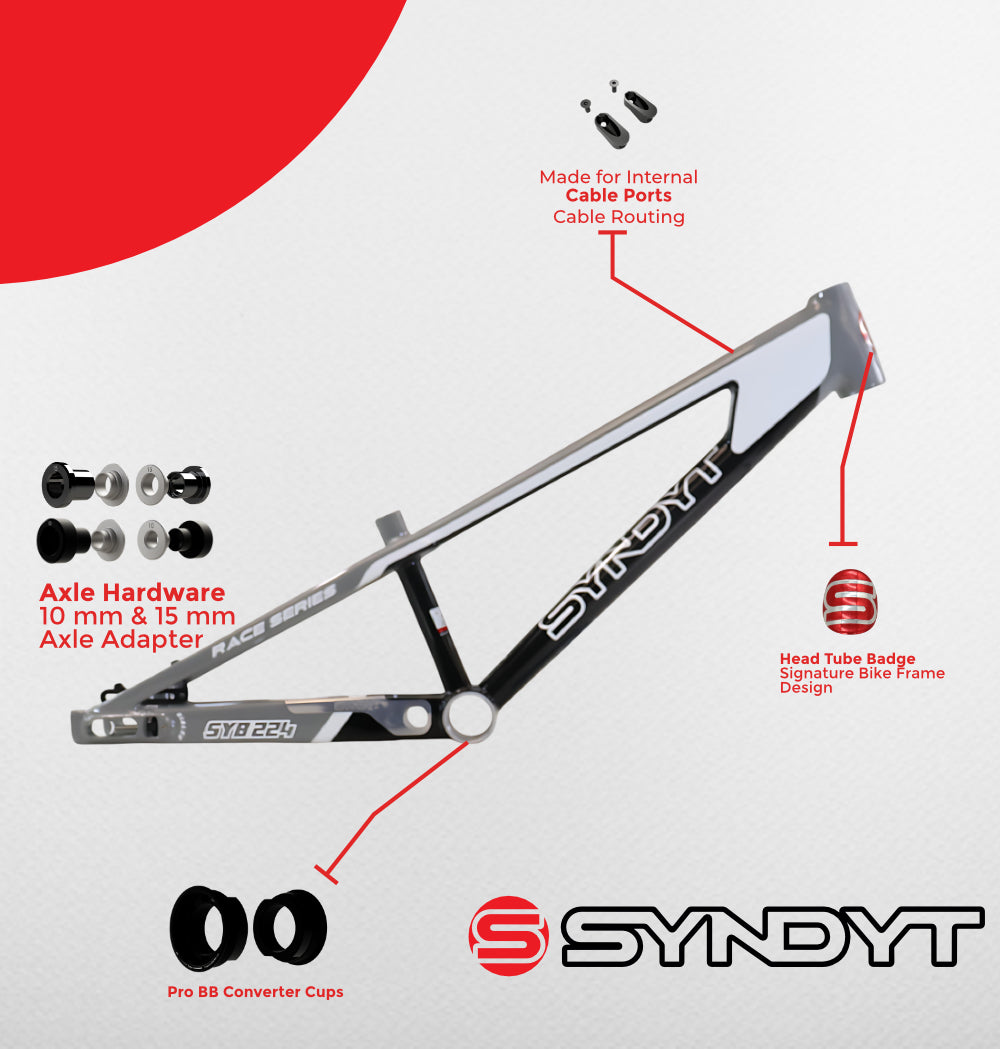 Syndyt 224 Pro XL 24 BMX Cruiser Bike Frame – 22” Top Tube, 6061-T6 Aluminum (4.30 lbs), Tapered 42/52 Head Tube, B52 Tech BB, 10/15/20mm Hubs, 140mm Disc Brake,  Chain Tensioners – Gray Bicycle Frame
