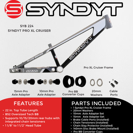 Syndyt 224 Pro XL 24 BMX Cruiser Bike Frame – 22” Top Tube, 6061-T6 Aluminum (4.30 lbs), Tapered 42/52 Head Tube, B52 Tech BB, 10/15/20mm Hubs, 140mm Disc Brake,  Chain Tensioners – Gray Bicycle Frame