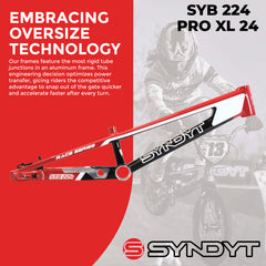 Syndyt 224 Pro XL 24 BMX Cruiser Bike Frame – 22” Top Tube, 6061-T6 Aluminum (4.30 lbs), Tapered 42/52 Head Tube, B52 Tech BB, 10/15/20mm Hubs, 140mm Disc Brake,  Chain Tensioners – Red Bicycle Frame