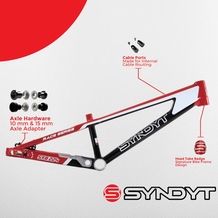 Syndyt 224 Pro XL 24 BMX Cruiser Bike Frame – 22” Top Tube, 6061-T6 Aluminum (4.30 lbs), Tapered 42/52 Head Tube, B52 Tech BB, 10/15/20mm Hubs, 140mm Disc Brake,  Chain Tensioners – Red Bicycle Frame