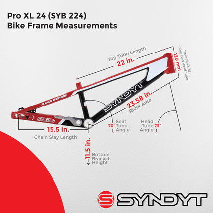 Syndyt 224 Pro XL 24 BMX Cruiser Bike Frame – 22” Top Tube, 6061-T6 Aluminum (4.30 lbs), Tapered 42/52 Head Tube, B52 Tech BB, 10/15/20mm Hubs, 140mm Disc Brake,  Chain Tensioners – Red Bicycle Frame
