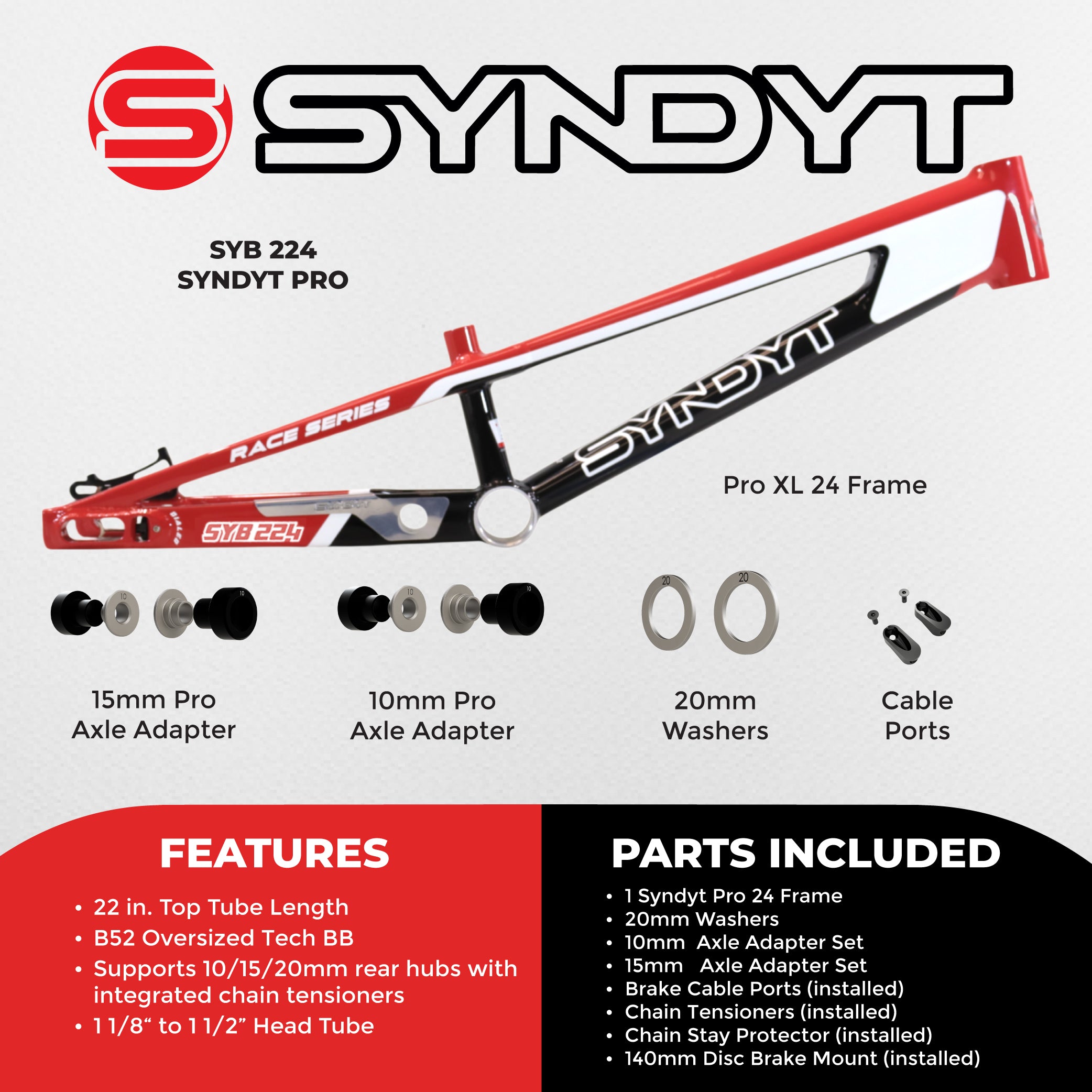 Syndyt 224 Pro XL 24 BMX Cruiser Bike Frame – 22” Top Tube, 6061-T6 Aluminum (4.30 lbs), Tapered 42/52 Head Tube, B52 Tech BB, 10/15/20mm Hubs, 140mm Disc Brake,  Chain Tensioners – Red Bicycle Frame
