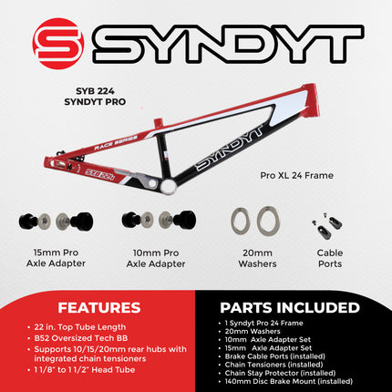 Syndyt 224 Pro XL 24 BMX Cruiser Bike Frame – 22” Top Tube, 6061-T6 Aluminum (4.30 lbs), Tapered 42/52 Head Tube, B52 Tech BB, 10/15/20mm Hubs, 140mm Disc Brake,  Chain Tensioners – Red Bicycle Frame