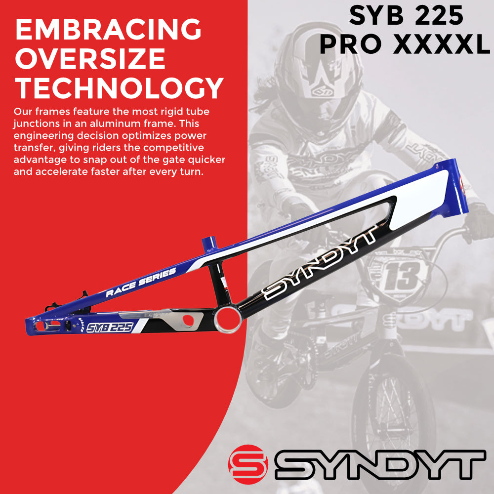 Syndyt 225 Pro 4XL BMX Racing Bike Frame – 22.5” Top Tube, 6061-T6 Aluminum (4.19 lbs), Tapered 42/52 Head Tube, B52 Tech BB, 10/15/20mm Hubs, 140mm Disc Brake,  Chain Tensioners – Blue Bicycle Frame