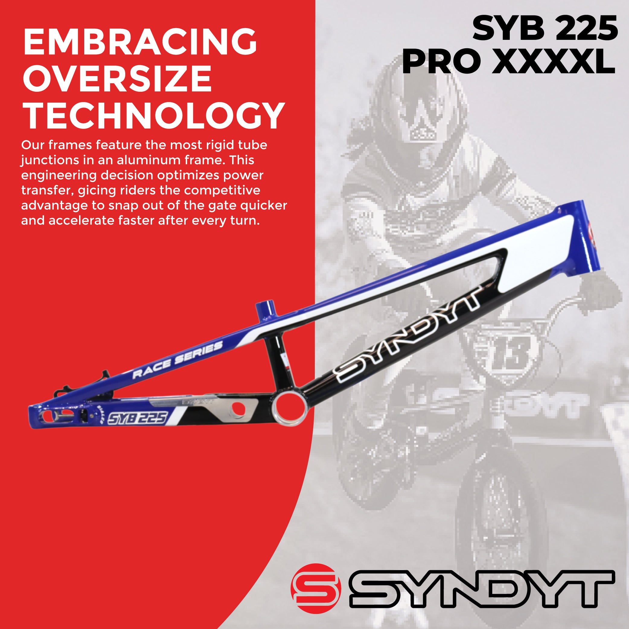 Syndyt 225 Pro 4XL BMX Racing Bike Frame – 22.5” Top Tube, 6061-T6 Aluminum (4.19 lbs), Tapered 42/52 Head Tube, B52 Tech BB, 10/15/20mm Hubs, 140mm Disc Brake,  Chain Tensioners – Blue Bicycle Frame