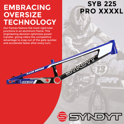 Syndyt 225 Pro 4XL BMX Racing Bike Frame – 22.5” Top Tube, 6061-T6 Aluminum (4.19 lbs), Tapered 42/52 Head Tube, B52 Tech BB, 10/15/20mm Hubs, 140mm Disc Brake,  Chain Tensioners – Blue Bicycle Frame