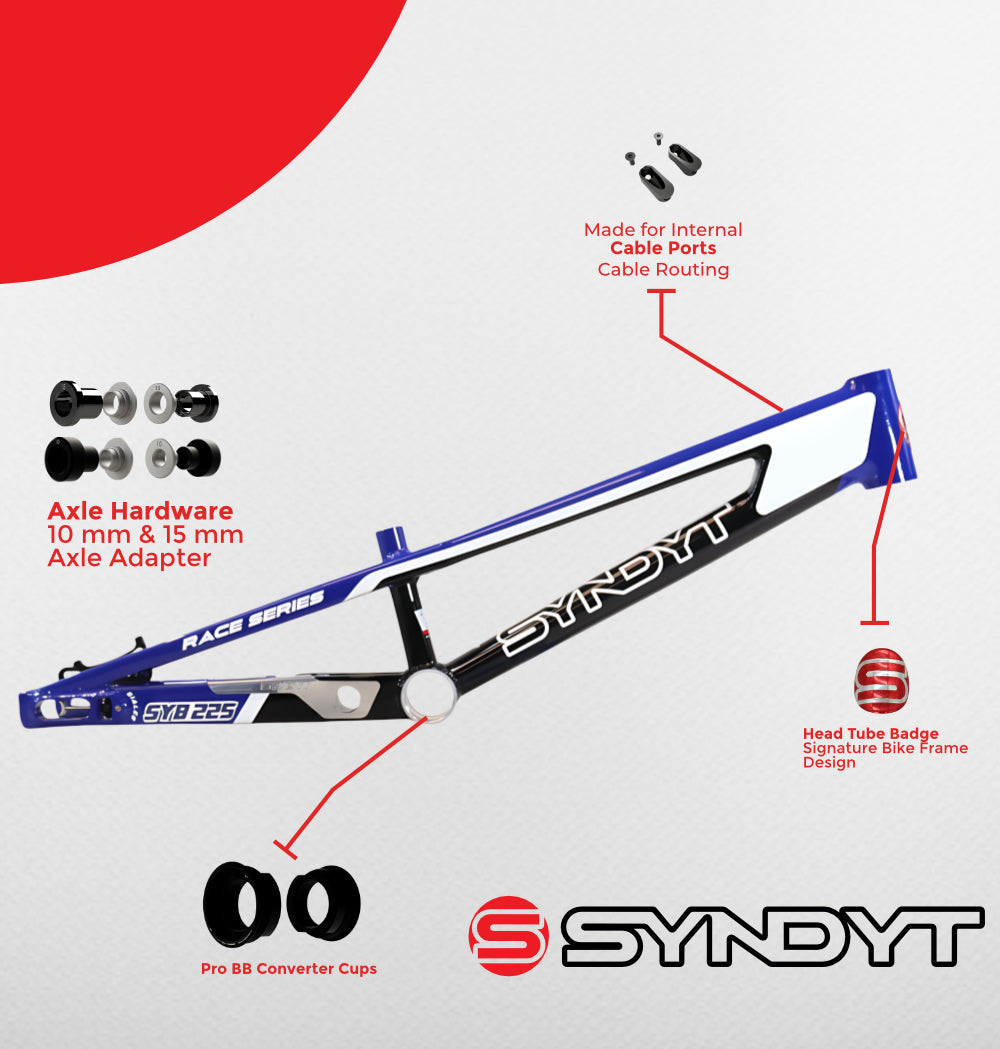 Syndyt 225 Pro 4XL BMX Racing Bike Frame – 22.5” Top Tube, 6061-T6 Aluminum (4.19 lbs), Tapered 42/52 Head Tube, B52 Tech BB, 10/15/20mm Hubs, 140mm Disc Brake,  Chain Tensioners – Blue Bicycle Frame