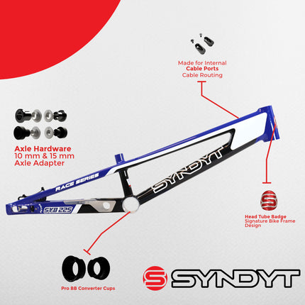 Syndyt 225 Pro 4XL BMX Racing Bike Frame – 22.5” Top Tube, 6061-T6 Aluminum (4.19 lbs), Tapered 42/52 Head Tube, B52 Tech BB, 10/15/20mm Hubs, 140mm Disc Brake,  Chain Tensioners – Blue Bicycle Frame
