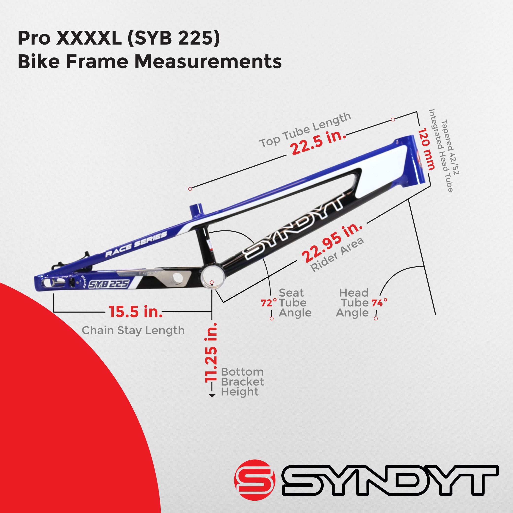 Syndyt 225 Pro 4XL BMX Racing Bike Frame – 22.5” Top Tube, 6061-T6 Aluminum (4.19 lbs), Tapered 42/52 Head Tube, B52 Tech BB, 10/15/20mm Hubs, 140mm Disc Brake,  Chain Tensioners – Blue Bicycle Frame