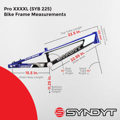 Syndyt 225 Pro 4XL BMX Racing Bike Frame – 22.5” Top Tube, 6061-T6 Aluminum (4.19 lbs), Tapered 42/52 Head Tube, B52 Tech BB, 10/15/20mm Hubs, 140mm Disc Brake,  Chain Tensioners – Blue Bicycle Frame