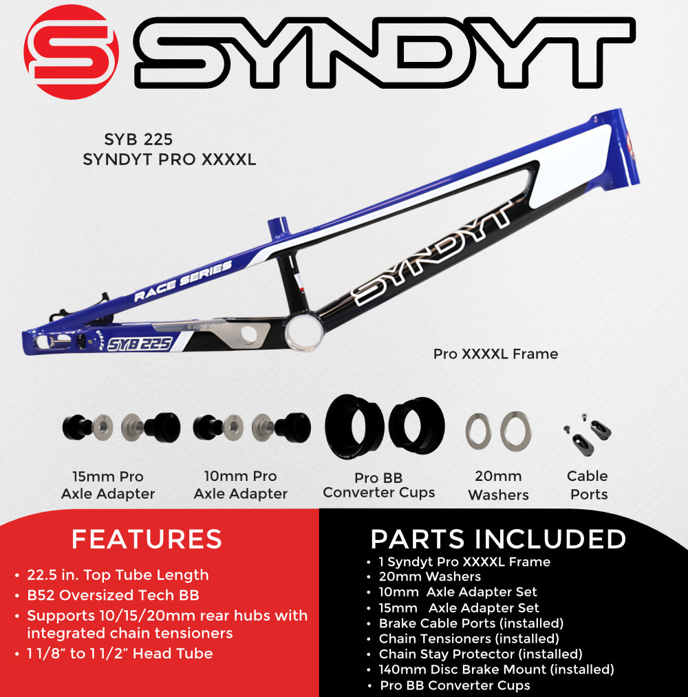 Syndyt 225 Pro 4XL BMX Racing Bike Frame – 22.5” Top Tube, 6061-T6 Aluminum (4.19 lbs), Tapered 42/52 Head Tube, B52 Tech BB, 10/15/20mm Hubs, 140mm Disc Brake,  Chain Tensioners – Blue Bicycle Frame