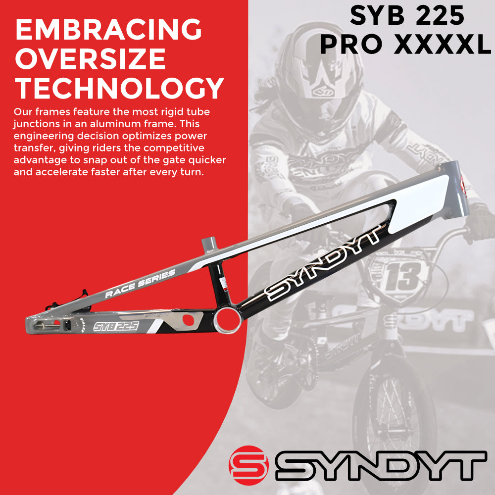 Syndyt 225 Pro 4XL BMX Racing Bike Frame – 22.5” Top Tube, 6061-T6 Aluminum (4.19 lbs), Tapered 42/52 Head Tube, B52 Tech BB, 10/15/20mm Hubs, 140mm Disc Brake, Integrated Chain Tensioners – Gray