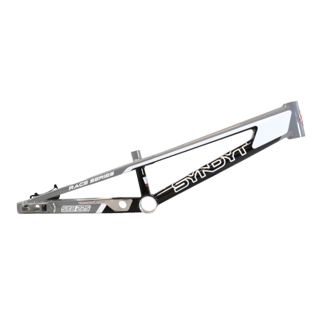 Syndyt 225 Pro 4XL BMX Racing Bike Frame – 22.5” Top Tube, 6061-T6 Aluminum (4.19 lbs), Tapered 42/52 Head Tube, B52 Tech BB, 10/15/20mm Hubs, 140mm Disc Brake, Integrated Chain Tensioners – Gray
