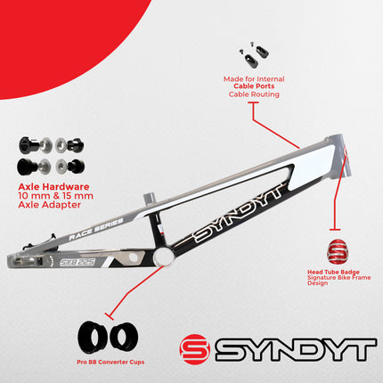 Syndyt 225 Pro 4XL BMX Racing Bike Frame – 22.5” Top Tube, 6061-T6 Aluminum (4.19 lbs), Tapered 42/52 Head Tube, B52 Tech BB, 10/15/20mm Hubs, 140mm Disc Brake, Integrated Chain Tensioners – Gray