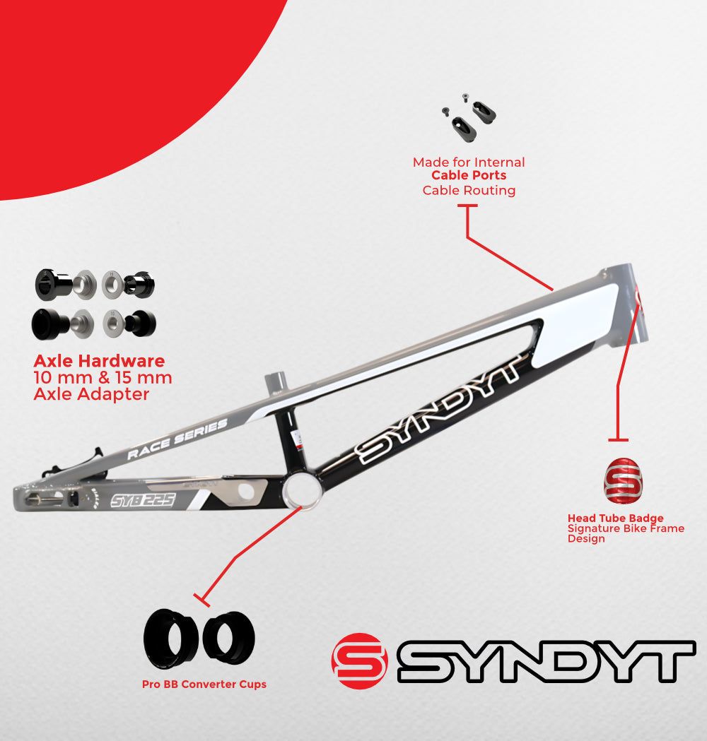 Syndyt 225 Pro 4XL BMX Racing Bike Frame – 22.5” Top Tube, 6061-T6 Aluminum (4.19 lbs), Tapered 42/52 Head Tube, B52 Tech BB, 10/15/20mm Hubs, 140mm Disc Brake, Integrated Chain Tensioners – Gray