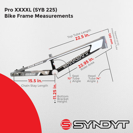 Syndyt 225 Pro 4XL BMX Racing Bike Frame – 22.5” Top Tube, 6061-T6 Aluminum (4.19 lbs), Tapered 42/52 Head Tube, B52 Tech BB, 10/15/20mm Hubs, 140mm Disc Brake, Integrated Chain Tensioners – Gray