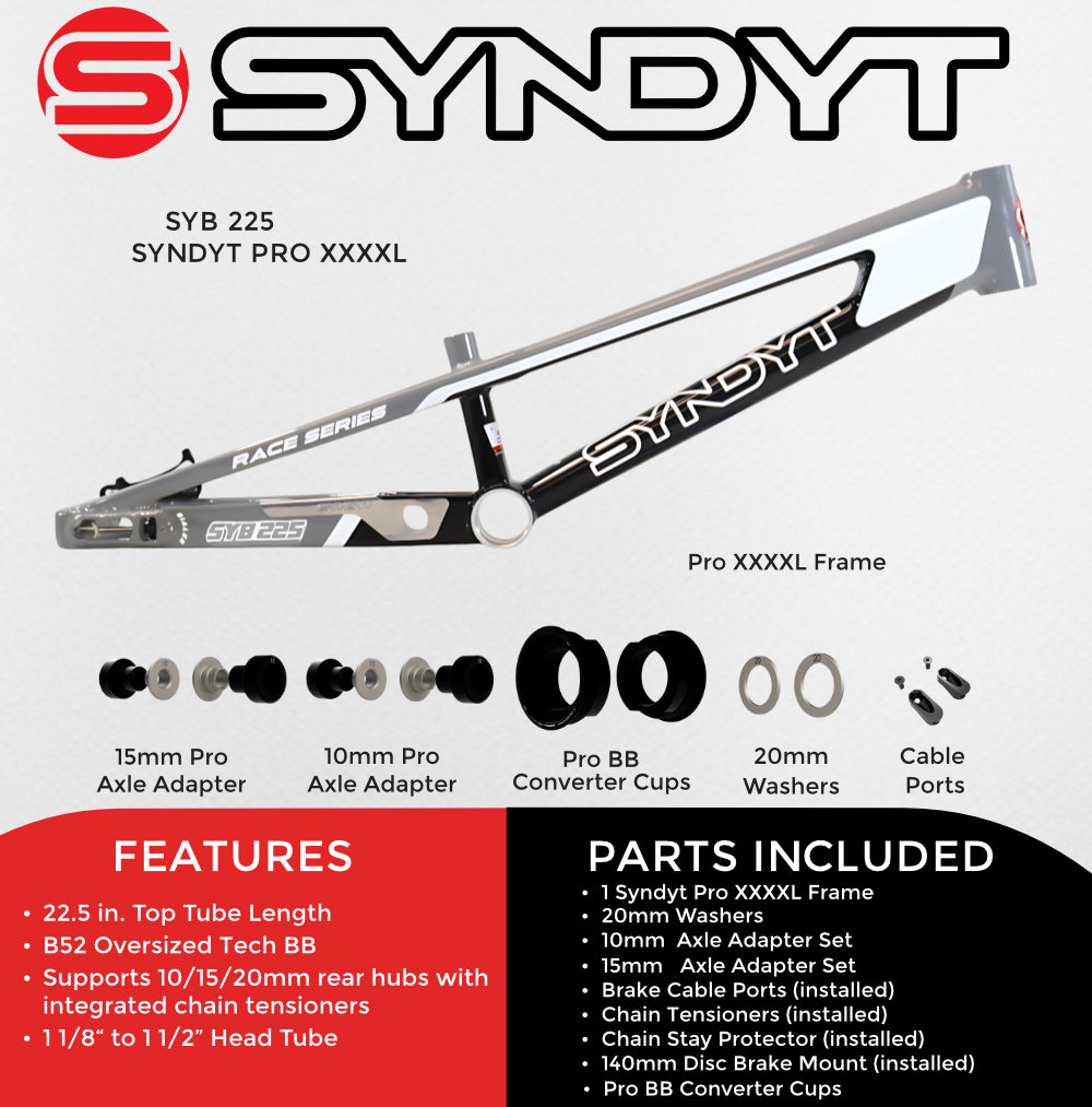 Syndyt 225 Pro 4XL BMX Racing Bike Frame – 22.5” Top Tube, 6061-T6 Aluminum (4.19 lbs), Tapered 42/52 Head Tube, B52 Tech BB, 10/15/20mm Hubs, 140mm Disc Brake, Integrated Chain Tensioners – Gray