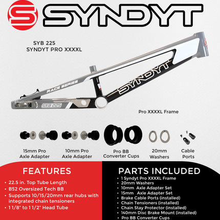 Syndyt 225 Pro 4XL BMX Racing Bike Frame – 22.5” Top Tube, 6061-T6 Aluminum (4.19 lbs), Tapered 42/52 Head Tube, B52 Tech BB, 10/15/20mm Hubs, 140mm Disc Brake, Integrated Chain Tensioners – Gray