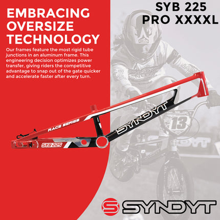 Syndyt 225 Pro 4XL BMX Racing Bike Frame – 22.5” Top Tube, 6061-T6 Aluminum (4.19 lbs), Tapered 42/52 Head Tube, B52 Tech BB, 10/15/20mm Hubs, 140mm Disc Brake, Integrated Chain Tensioners – Red