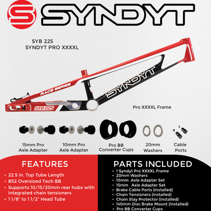 Syndyt 225 Pro 4XL BMX Racing Bike Frame – 22.5” Top Tube, 6061-T6 Aluminum (4.19 lbs), Tapered 42/52 Head Tube, B52 Tech BB, 10/15/20mm Hubs, 140mm Disc Brake, Integrated Chain Tensioners – Red