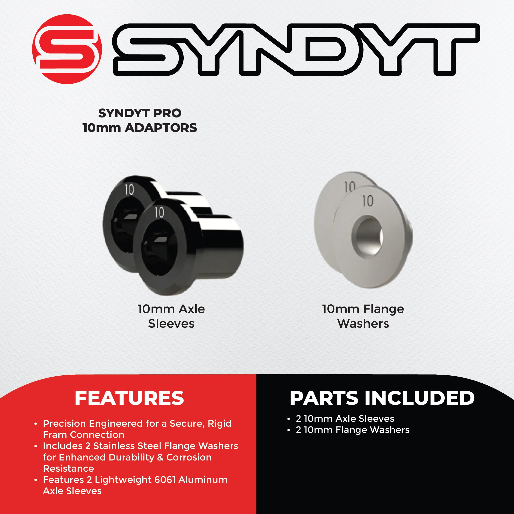 Syndyt Pro BMX Bike Axle Adaptor 10mm - Stainless Steel Flange Washers & 6061 Aluminum Sleeves, Includes 2 Axle Sleeves and 2 Washers for Rigid Frame Connection