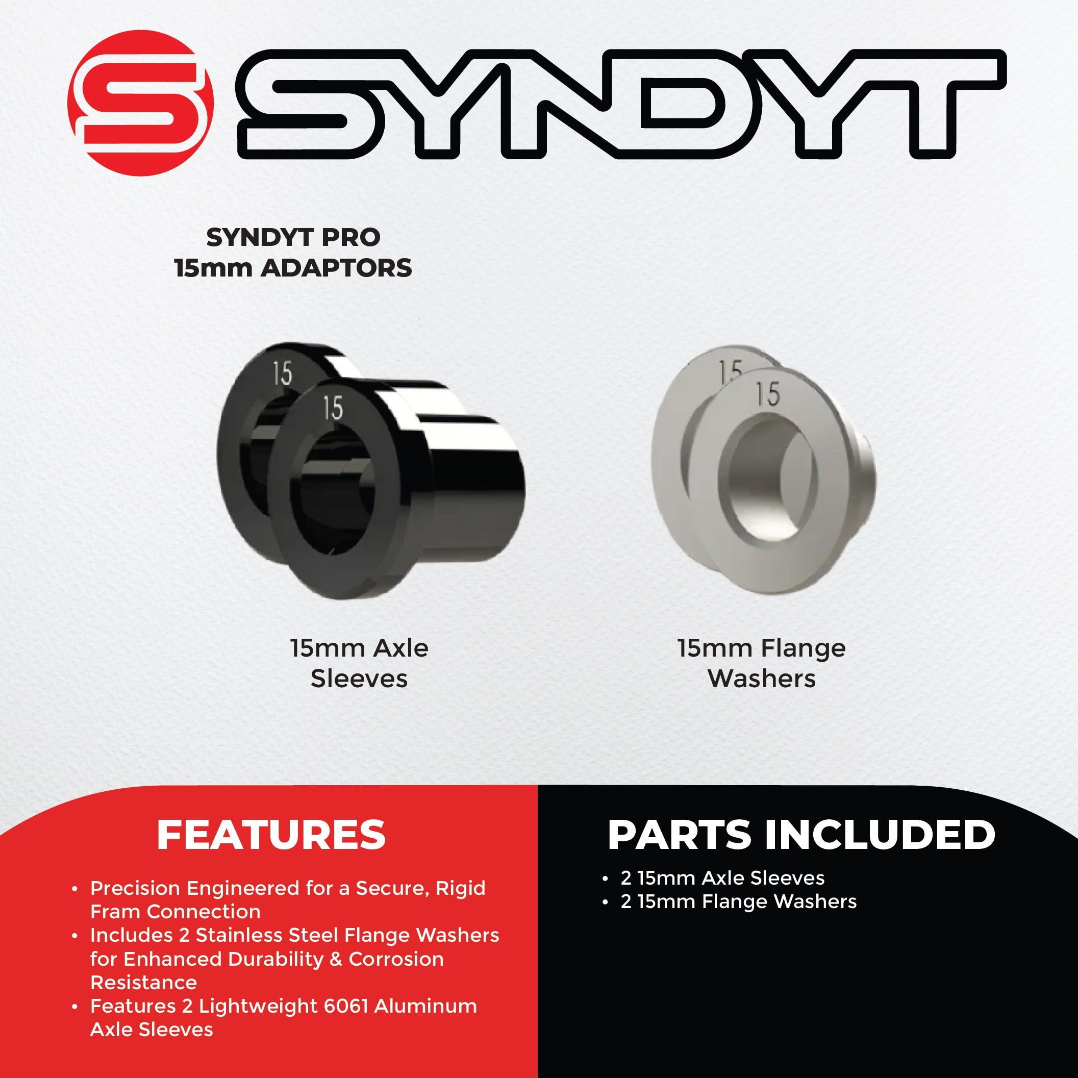 Syndyt Pro BMX Bike Axle Adaptor 15mm - Stainless Steel Flange Washers & 6061 Aluminum Sleeves, Includes 2 Axle Sleeves and 2 Washers for Rigid Frame Connection