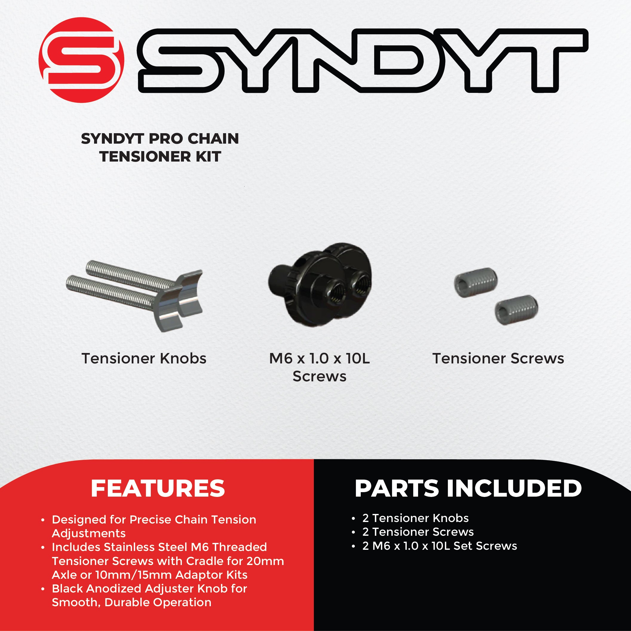 Syndyt PRO BMX Bike Chain Tensioner Kit - Stainless Steel M6 Tensioner Screws, Aluminum Anodized Adjuster Knob, Compatible with 10mm/15mm/20mm Axle Adaptors