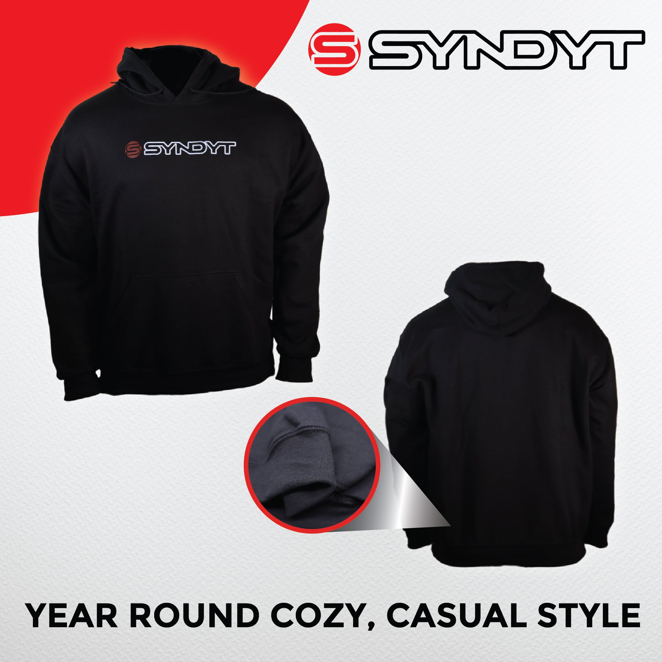 Syndyt Unisex Hoodie - (Black) Soft 65% Ring-Spun Cotton 35% Polyester Blend, Cozy Front Pouch Pocket, 3-Panel Hood with Matching Drawstrings, Durable, for Casual and Layered Wear, Adult Large