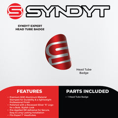 Syndyt BMX Bike Head Tube Badge - Red Anodized Aluminum, Recessed Silver S Logo, 3M Adhesive, Fits EXPERT (1”) BMX Frames