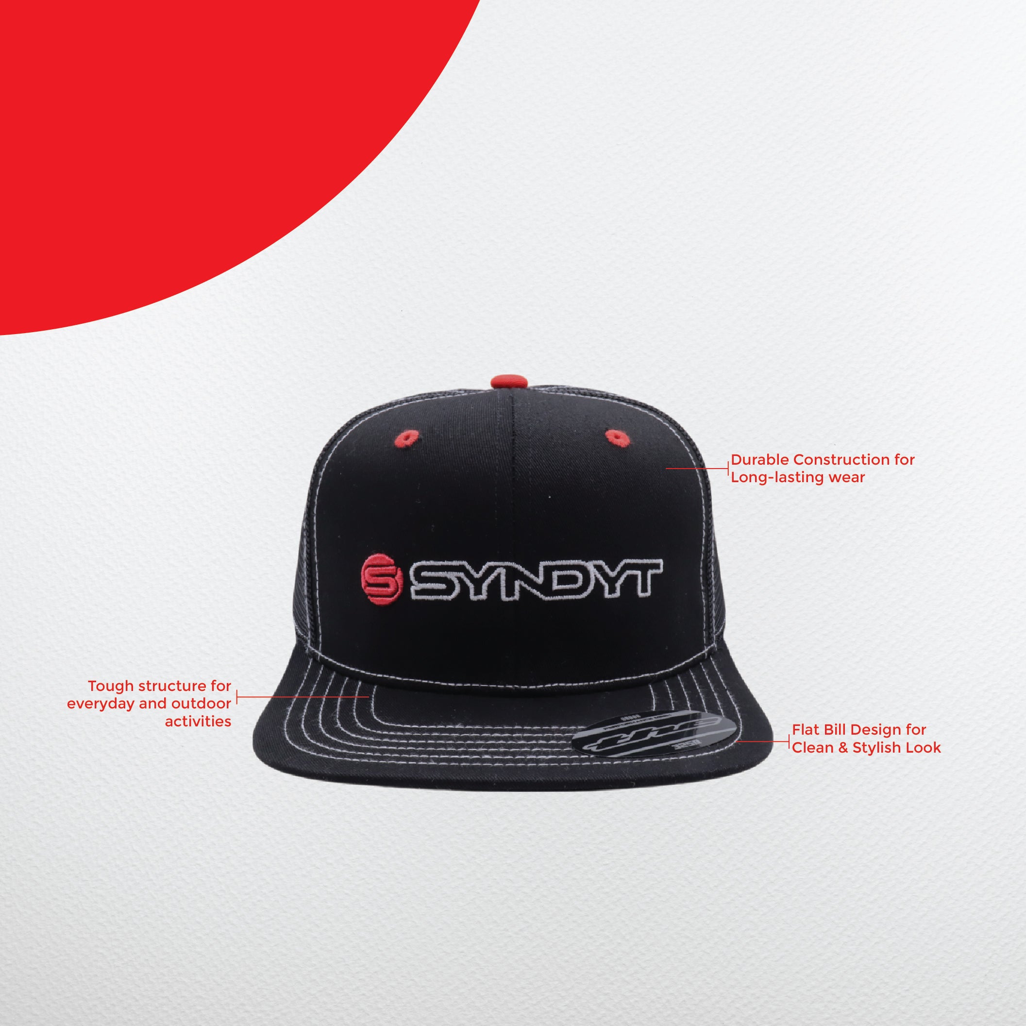 Syndyt Black Mesh Flat Bill Snapback Hat - Breathable Mesh Panels, Adjustable Snap Closure, High-Quality Materials, One Size Fits Most for Outdoor and Casual Wear