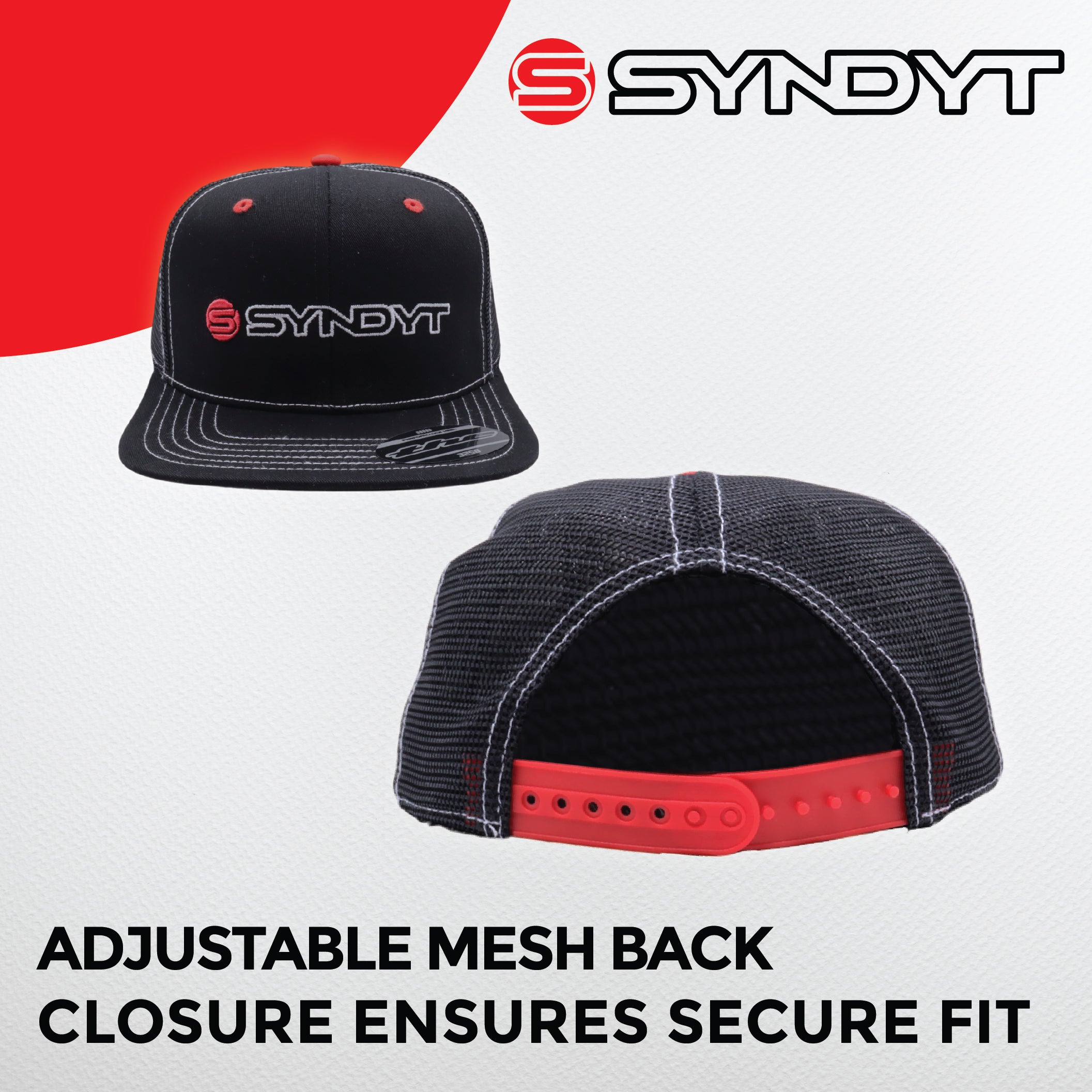Syndyt Black Mesh Flat Bill Snapback Hat - Breathable Mesh Panels, Adjustable Snap Closure, High-Quality Materials, One Size Fits Most for Outdoor and Casual Wear