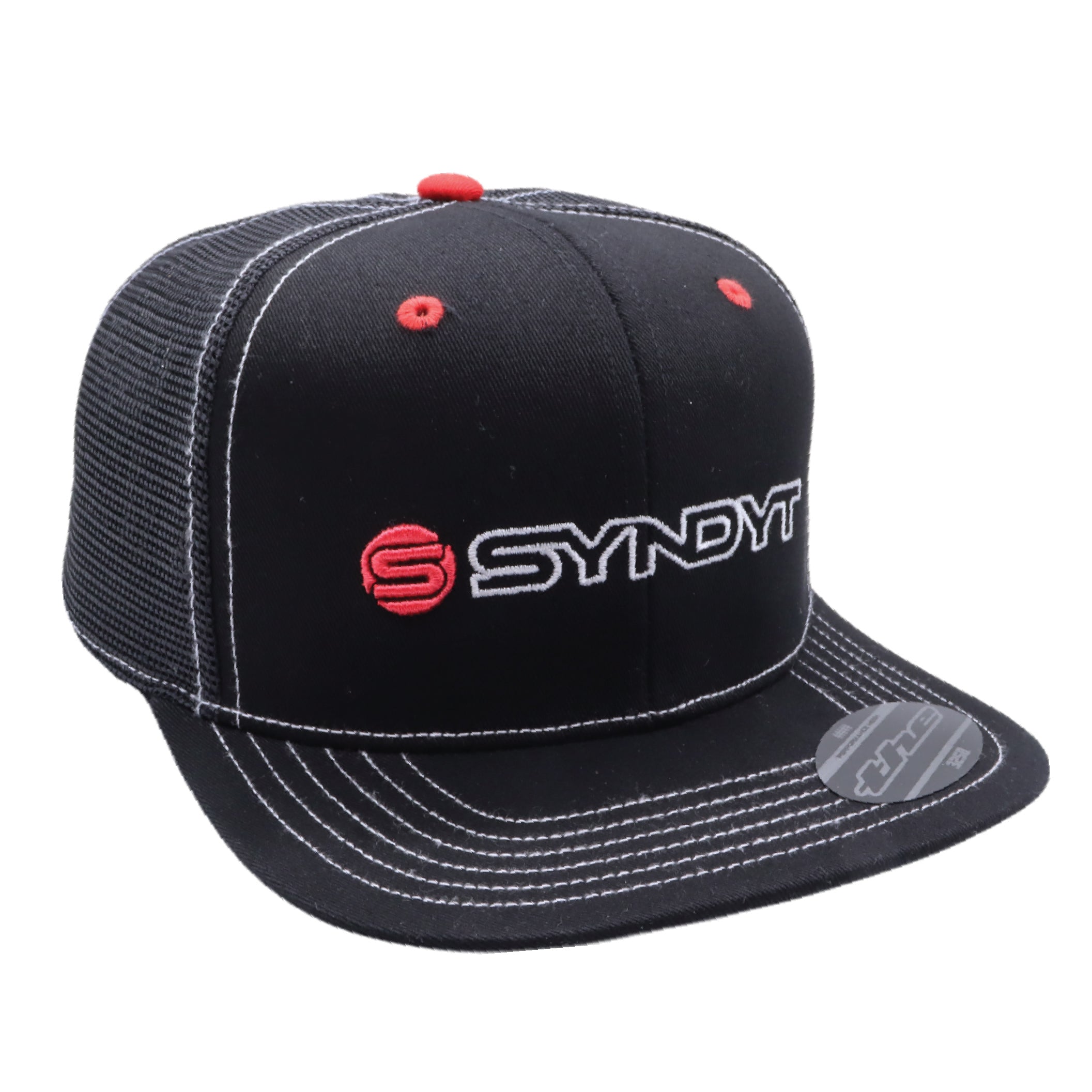 Syndyt Black Mesh Flat Bill Snapback Hat - Breathable Mesh Panels, Adjustable Snap Closure, High-Quality Materials, One Size Fits Most for Outdoor and Casual Wear
