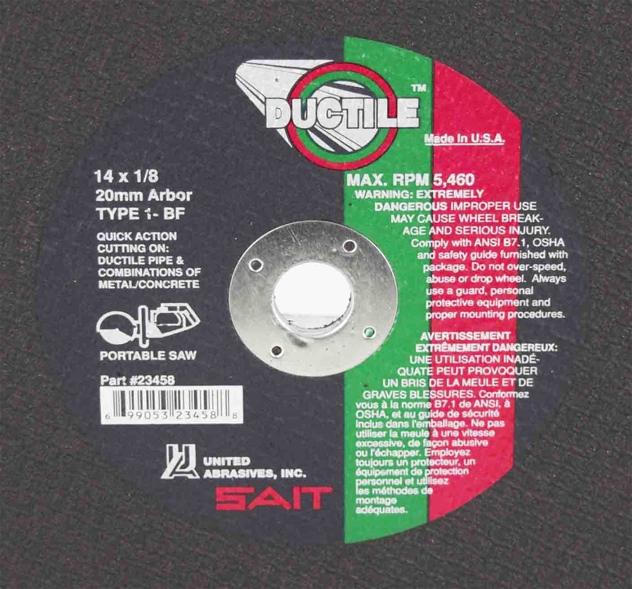 SAIT 23458 14x1/8" 20mm Arbor MAX RPM 5,460 Ductile Portable Saw Cut-Off Wheel