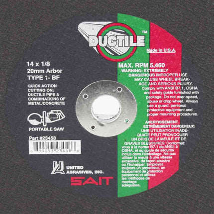 SAIT 23458 14x1/8" 20mm Arbor MAX RPM 5,460 Ductile Portable Saw Cut-Off Wheel