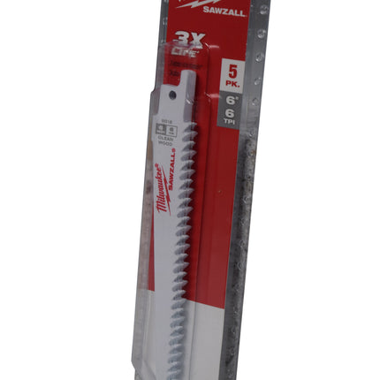 MILWAUKEE 48-00-5015 6"L x 6 TPI Wood Cutting Bi-Metal Reciprocating Saw Blade