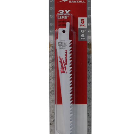 MILWAUKEE 48-00-5015 6"L x 6 TPI Wood Cutting Bi-Metal Reciprocating Saw Blade