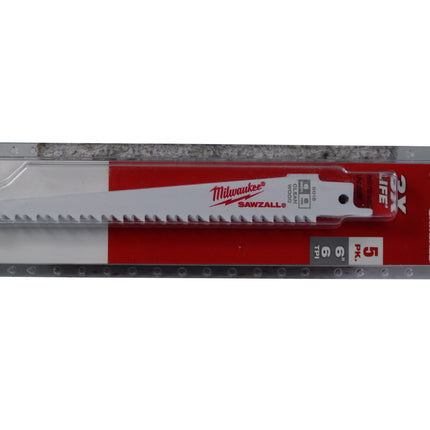 MILWAUKEE 48-00-5015 6"L x 6 TPI Wood Cutting Bi-Metal Reciprocating Saw Blade