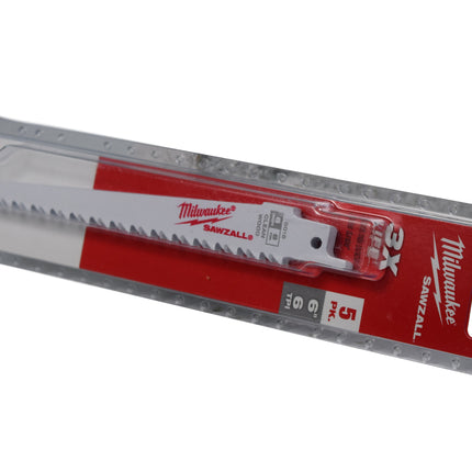 MILWAUKEE 48-00-5015 6"L x 6 TPI Wood Cutting Bi-Metal Reciprocating Saw Blade
