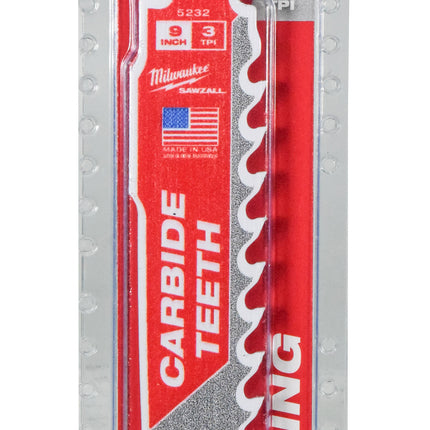 Milwaukee 48-00-5232 9" 3 TPI Carbide Teeth Wood SAWZALL Reciprocating Saw Blade
