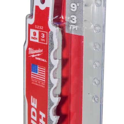 Milwaukee 48-00-5232 9" 3 TPI Carbide Teeth Wood SAWZALL Reciprocating Saw Blade