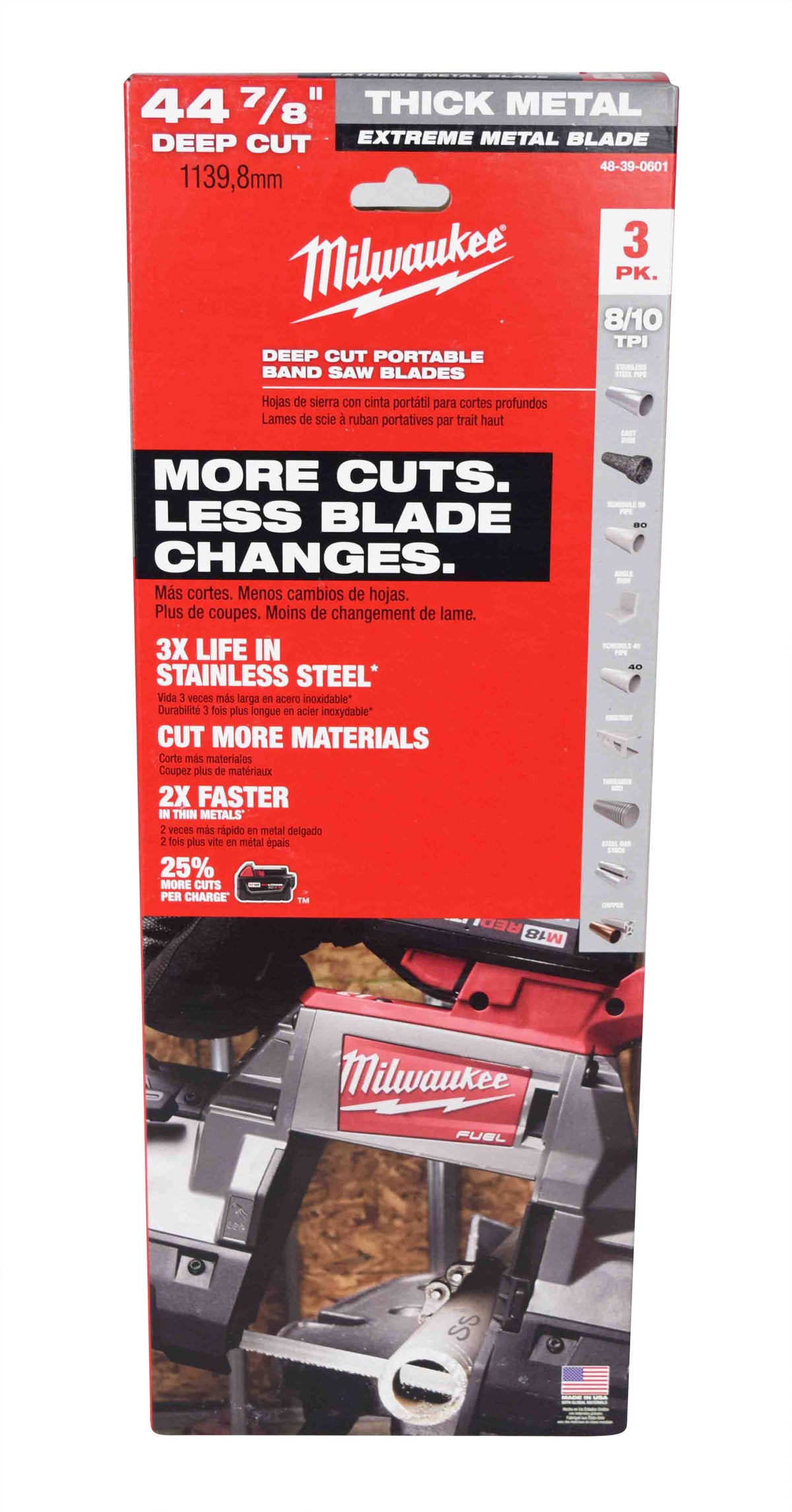 Milwaukee 48-39-0601 44-7/8inch Bandsaw Blades Extreme Thick Metal Deep Cut 8/10 TPI (3 Pack)