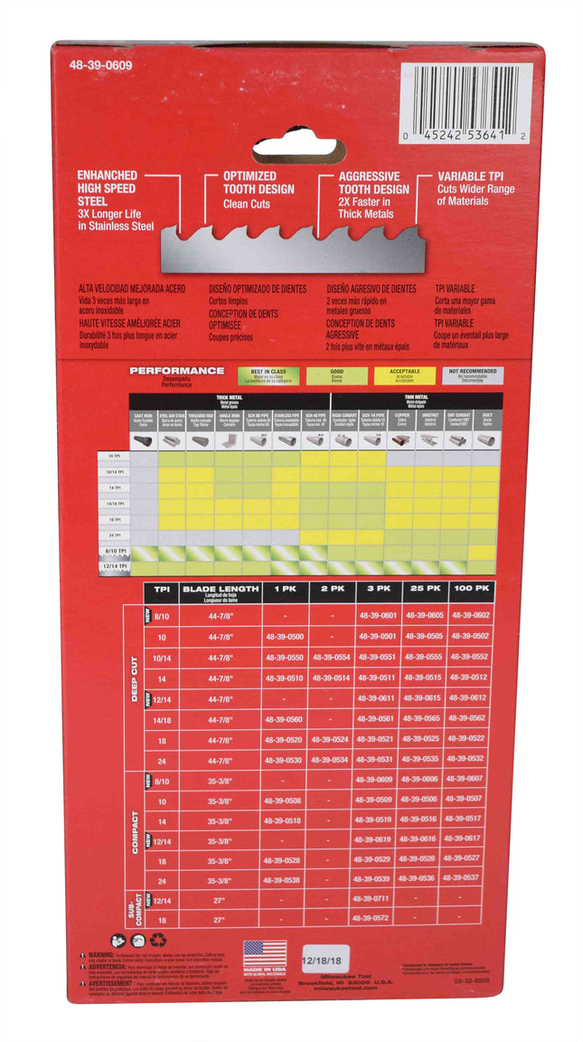 Milwaukee 48-39-0609 35-3/8inch 8-10 Tpi Extreme Thick Metal Compact
