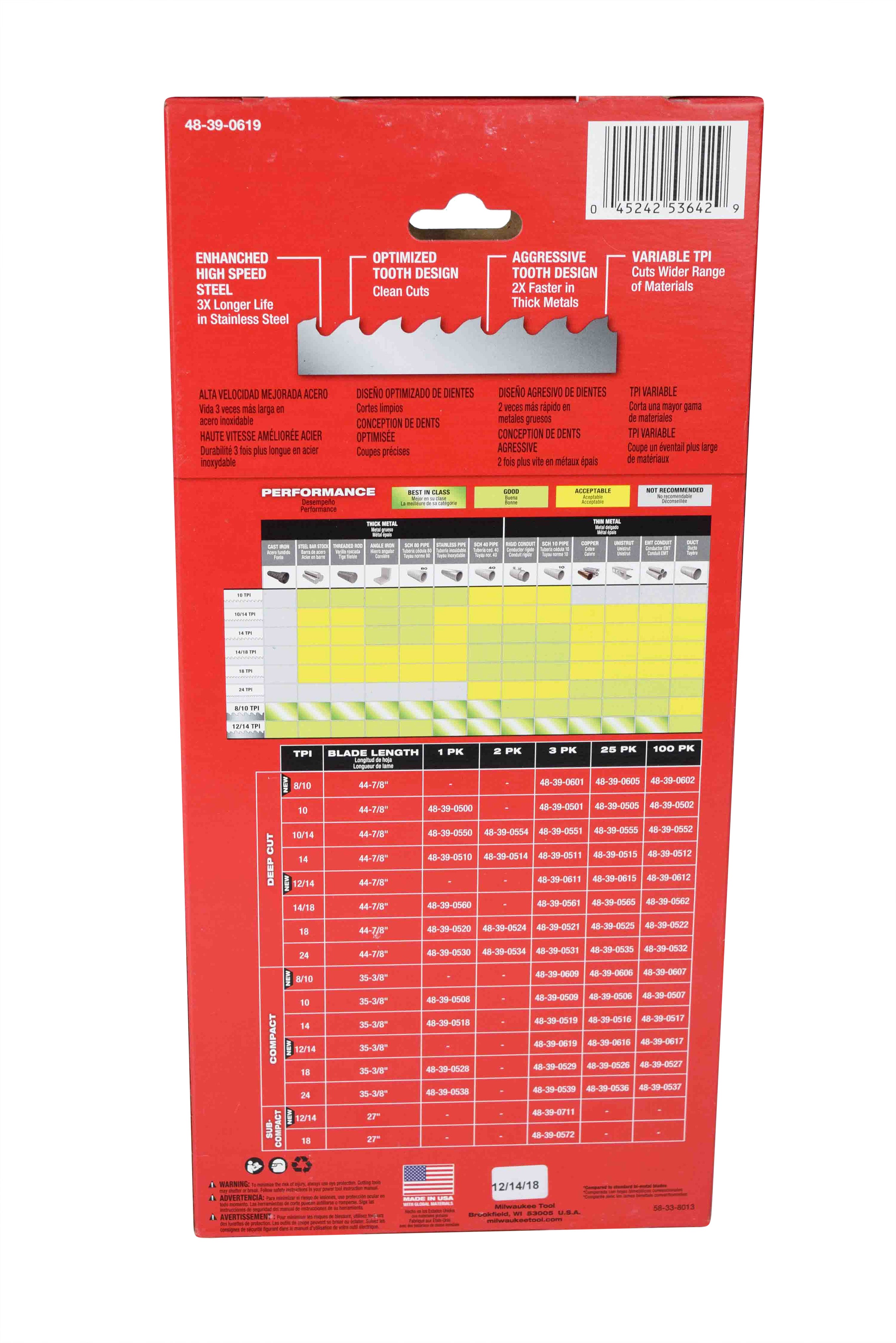 Milwaukee 48-39-0619 35-3/8inch Bandsaw Blades Extreme Thin Metal Compact 12/14 TPI (3 Pack)