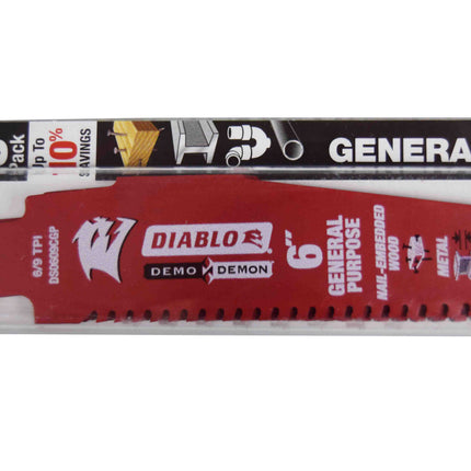 Diablo DS0609CGP3 6" 6/9 TPI Demo Demon Carbide Teeth Reciprocating Saw Blades for General Purpose Cuts (3-Pack)