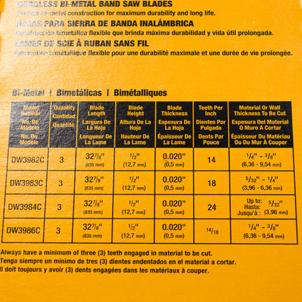 DeWalt DW3984C 24 TPI Bi-Metal Portable Bandsaw Blades, 32-7/8 in. Length, 0.02 in Width (3-Pack)