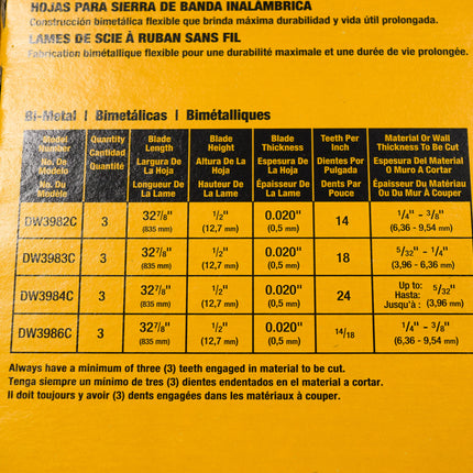DeWalt DW3986C 14/18 TPI Bi-Metal Portable Bandsaw Blades, 32-7/8 in. Length, 0.02" Width (3-Pack)