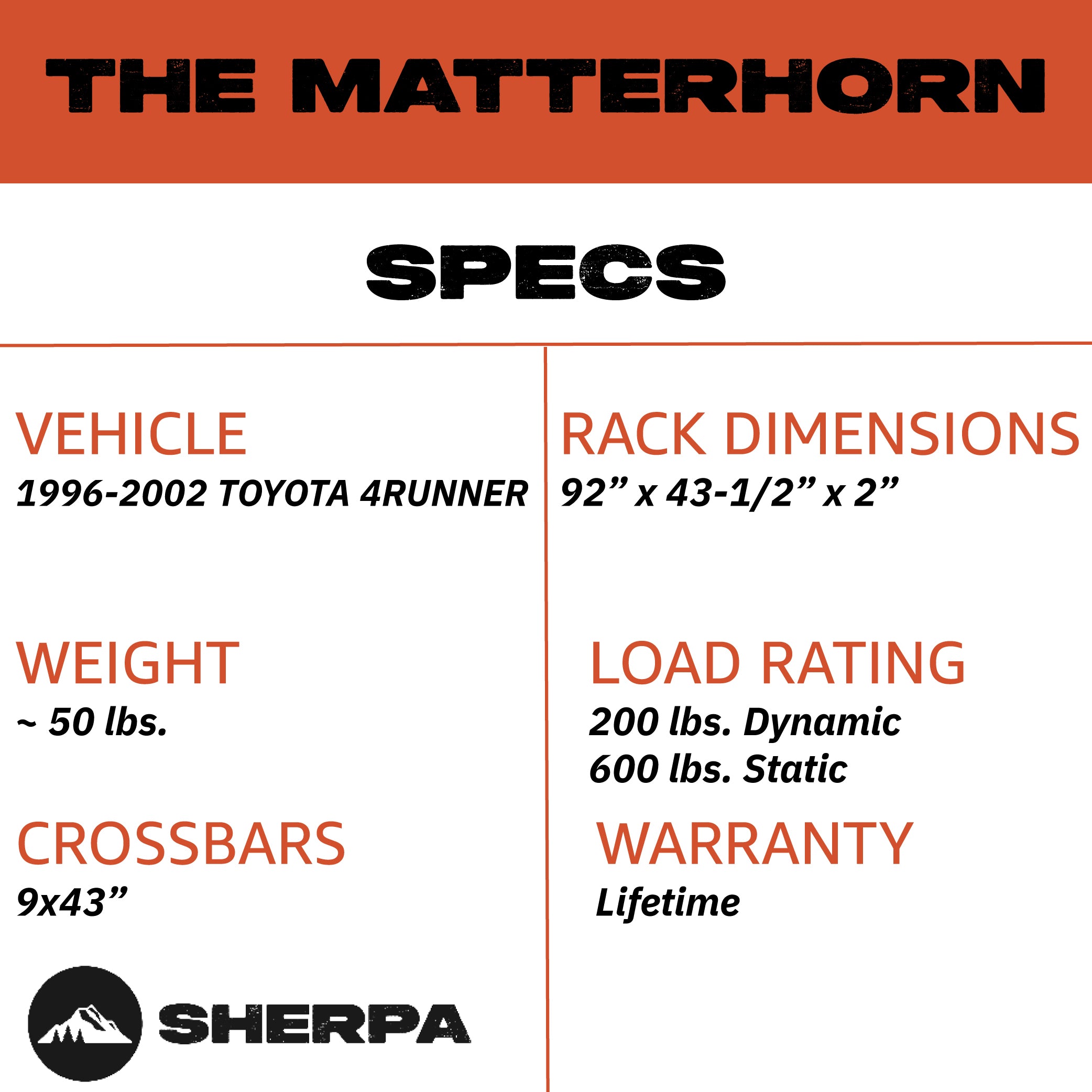 Sherpa - The Matterhorn Full Height Aluminum Roof Rack with Crossbars Made for 1996-2002 Toyota 4Runner - Drill Free Rack for Tents; Kayaks; Bikes; Skis Made in the USA